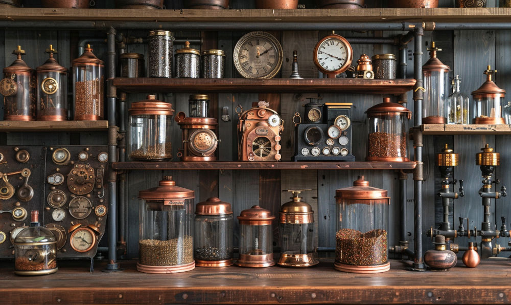 Steampunk-inspired kitchen countertop décor  in a steampunk kitchen.