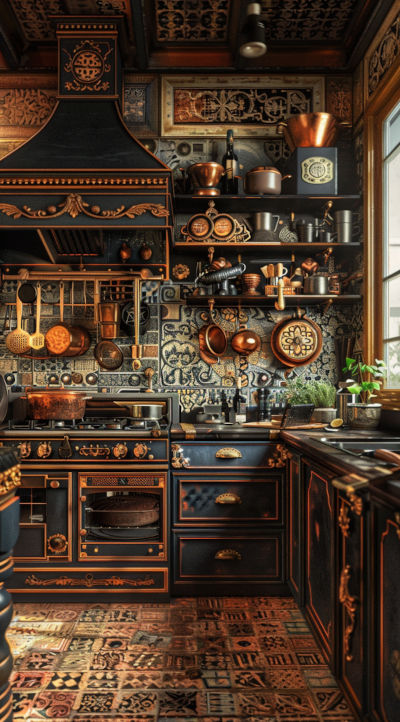 A beautifully decorated steampunk kitchen inspired by elements of steampunk to create a rich and unique aesthetic.