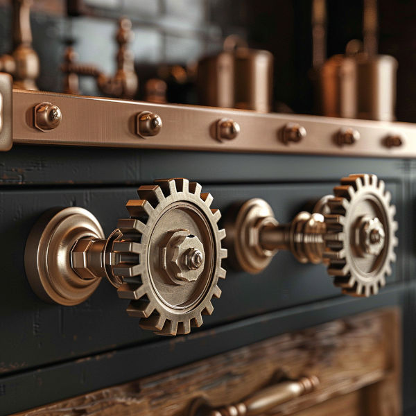 Brass gear-shaped kitchen handles for an incredible steampunk kitchen look