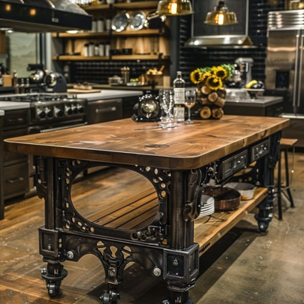 Rustic wood and iron steampunk kitchen island and countertop. 