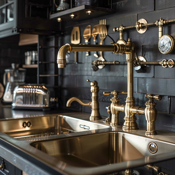 Gorgeous brass fixtures perfect for any steampunk kitchen sink.