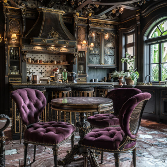 A luxurious Victorian-inspired steampunk kitchen table and cushioned chairs in royal purple.